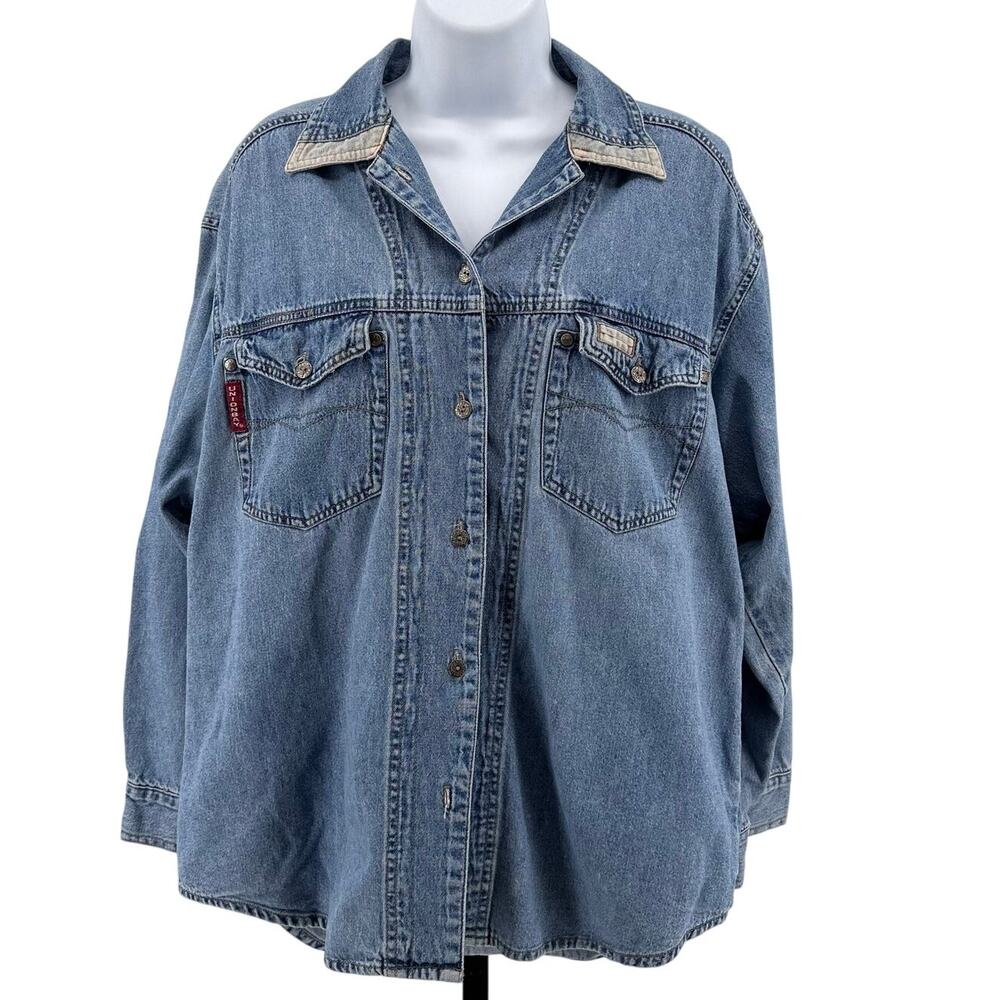 Unionbay Denim Jacket Blue WMNS S Button Up Oversized Long Sleeve-Missing Button